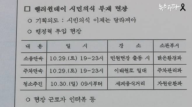 ▲&nbsp;‘동향보고’ 문건에는 지상파 방송사 아침 뉴스 프로그램(‘SBS 모닝와이드’)의 핼러윈 이태원 현장 취재와 관련한 용산구청의 지원 계획이 들어있다