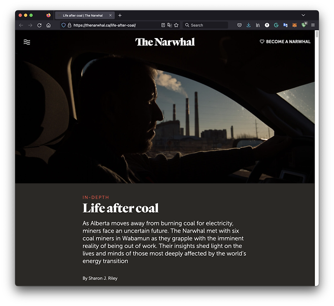 캐나다의 탐사 보도 신문 나르왈(The Narwhal)이 보도한 '석탄 이후의 삶'.
