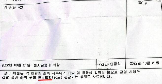 진단서 캡처. 안전사고로 연골변형이 이뤄졌다는 내용. 학부모 제공