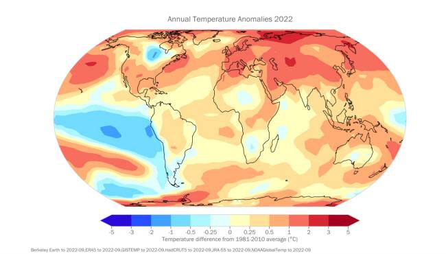 유엔 세계기상기구(WMO)가 지난 6일 공개한 ‘2022 글로벌 기후 보고서’ 초안에 담긴 연간 기온 편차 지도에서 1981~2010년 평균 기온보다 1~5도 이상 온도가 높아진 지역이 붉게 물들어 있다. WMO는 2015년부터 올해까지 최근 8년이 관측 기록 이래 지구 온도가 가장 높은 해라고 밝혔다. WMO 제공