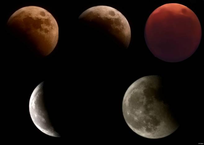 8일 저녁 동쪽 하늘 위로 태양과 지구, 달이 일직선에 놓이며 달이 지구 그림자로 들어가는 현상인 ‘개기월식’이 펼쳐졌다. 갤럭시 22 울트라로 촬영한 사진. 전영한 기자 scoopjyh@donga.com