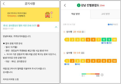 카카오모빌리티 '카카오지하철' 공지사항(왼쪽)과 티맵모빌리티 '티맵 대중교통' 지하철 실시간 칸별 혼잡도 서비스 화면 [사진=각사]