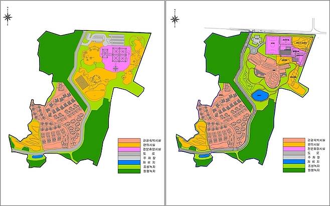 [제주=뉴시스] 제주롯데리조트 개발사업 토지이용 계획도. 왼쪽이 기존(기정)이고 오른쪽이 변경이다. 관광숙박시설과 전문휴양시설 부분이 늘었고 편의시설 부분이 줄었다. (사진=제주도 열람 공고 발췌) 2022.11.09. 73jmlee@newsis.com *재판매 및 DB 금지