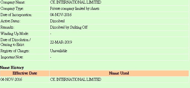 홍콩의 소재지가 미 재무부가 2018년1월, 한국 정부가 2022년10월 발표한 대북제재 대상 업체 주소와 동일하고 업체명도 동일한 CK인터내셔널의 법인 상태를 조회한 결과 2019년 해산됐다는 결과가 나왔다. /자료=홍콩 기업등록국