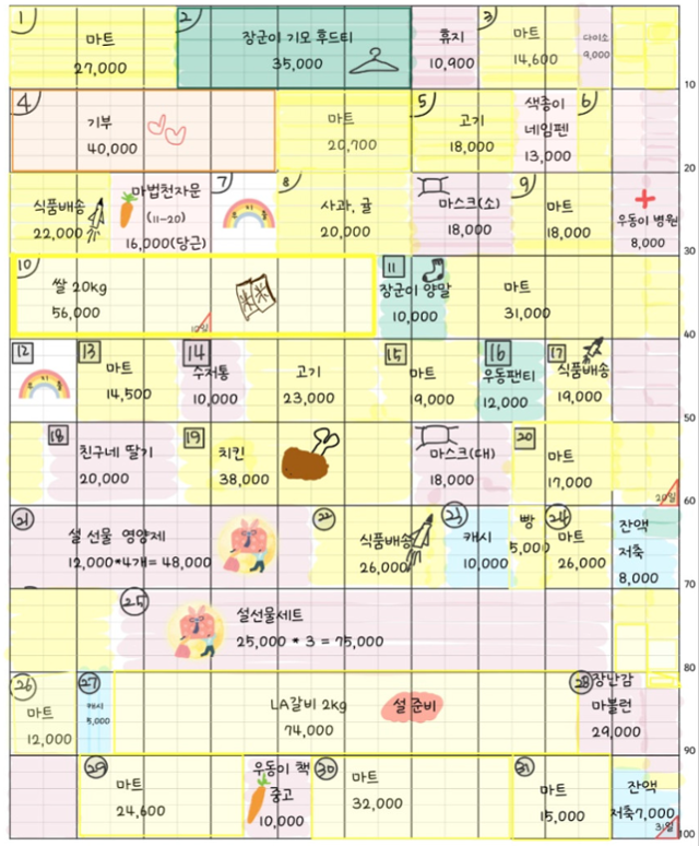 한 달 100만 원 기준 '깍두기 가계부'가 완성된 그림. 유튜버 '순빠리네 쓰담여사' 제공