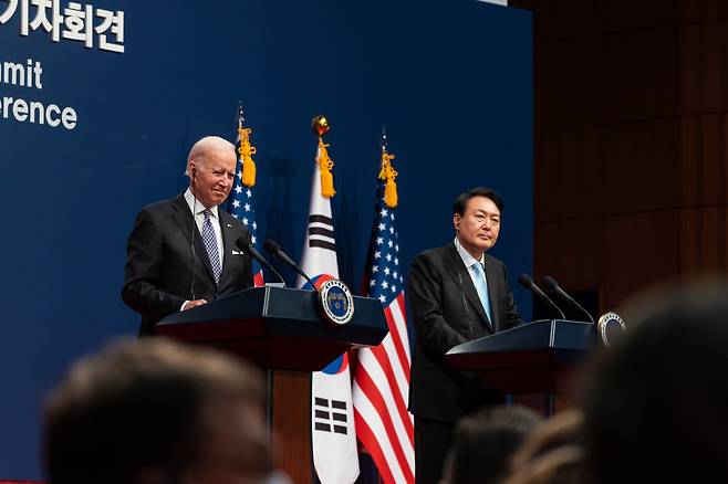 President Joe Biden participates in a joint press conference with South Korean President Yoon Suk Yeol Saturday, May 21, 2022, at the People’s House in Seoul, South Korea. (Official White House Photo by Cameron Smith)