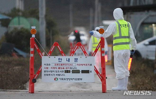 [진천=뉴시스] 강신욱 기자 = 가축 방역당국이 고병원성 조류인플루엔자 확진 사례가 발생한 육용오리 농장 진입로를 통제하고 있다. 2022.10.26. ksw64@newsis.com