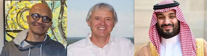 사티아 나델라(왼쪽부터) 마이크로소프트 CEO, 피터 베닝크 ASML 최고경영자 CEO, 무함마드 빈 살만 사우디아라비아 왕세자.[삼성전자 제공 및 AFP]