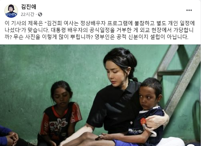 김진애 의원이 자신의 페이스북을 통해 김 여사의 사진이 대중에 여러 건 노출되는 것에 대해 비판했다. 김진애 의원 페이스북. 2022.11.13