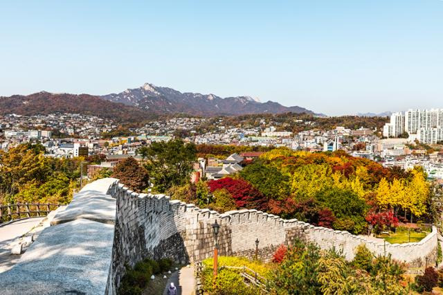 낙산성곽길의 가을 풍경. 도심과 어우러진 한양도성의 모습을 가장 잘 살필 수 있는 곳이다. 서울관광재단 제공