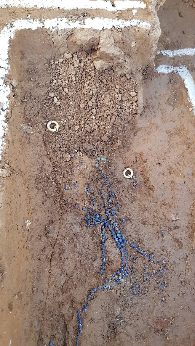 [서울=뉴시스]12호 널무덤 내부 귀걸이 및 목걸이 착장 모습.