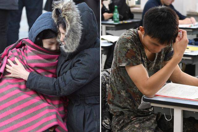 최고 기온이 4.3도에 불과했던 2015학년도 대학수학능력시험일. 서울 풍문여고에서 시험을 끝낸 수험생을 마중나온 어머니가 격려하고 있다(왼쪽). 최고 기온이 16.2도까지 올랐던 2019학년도 대학수학능력시험일에 서울 반포고등학교 내 한 현역 군인수험생이 시험 시작을 기다리며 마지막 점검을 하고 있다. 왕태석 기자·한국일보 자료사진