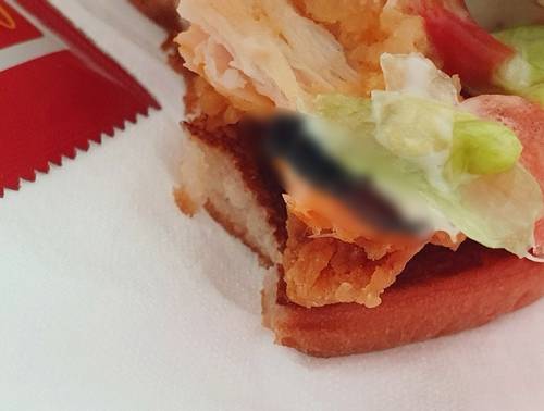 지난 6일 맥도날드 햄버거에서 발견된 이물질은 벌레로 드러났다. 온라인 커뮤니티 캡처