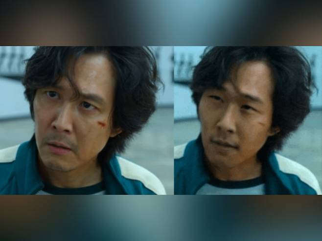 오징어 게임 속 이정재(왼쪽) 얼굴에 딥페이크 기술로 축구 선수 손흥민 얼굴을 합성한 모습. [온라인 커뮤니티]