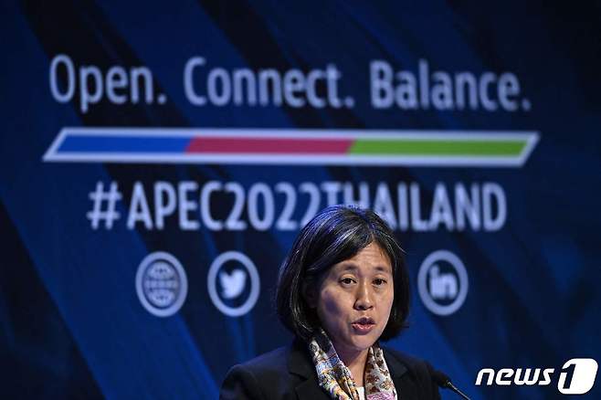 캐서린 타이 미국 USTR 대표가 17일 (현지시간) 태국 방콕에서 열린 APEC 정상회의 중 기자회견을 하고 있다. ⓒ AFP=뉴스1 ⓒ News1 우동명 기자