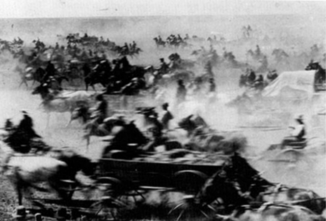 1889년 이후 미국 오클라호마주 일대에서 진행된 랜드러시 자료사진. 이 사진은 나사(NASA)가 1992년 출판한 우주자원 보고서에 실려 있다. 오클라호마 역사학회 제공