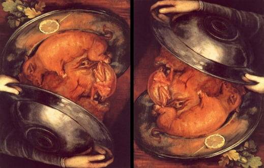 아르침볼도의 'The Cook'(1570). 거꾸로 보면 다른 그림이 나온다. 스톡홀름 국립 박물관 소장.