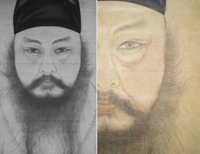 2006년 적외선 촬영을 한 윤두서 자화상. 옷깃선이 드러나있다(왼쪽). 윤두서 자화상을 확대해서 보면 얼굴 옆면에 희미하게 귀를 그린 흔적이 보인다(오른쪽). [국립중앙박물관]