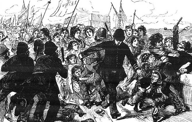 성냥공장 여성 노동자들의 시위현장을 그린 삽화. 1871년 6월 6일자 <더 데이즈>. 위키피디아