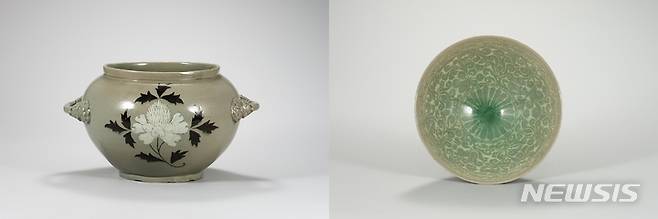 [서울=뉴시스] 사진 왼쪽부터 청자 상감 모란무늬 항아리(고려 12-13세기, 국보, 높이 19.7㎝), 청자 상감 국화 넝쿨무늬 완(고려 12-13세기, 국보, 높이 6.2㎝). (사진=국립중앙박물관 제공) 2022.11.22. photo@newsis.com *재판매 및 DB 금지