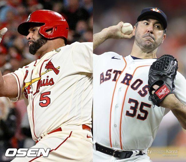 [사진] 세인트루이스 카디널스 알버트 푸홀스(왼쪽), 휴스턴 애스트로스 저스틴 벌랜더. ⓒGettyimages(무단전재 및 재배포 금지)