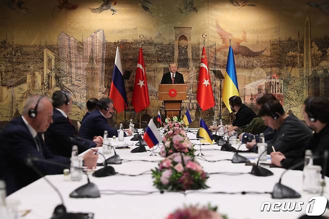 올해 3월 29일(현지시간) 튀르키예 이스탄불에서 열렸던 러시아와 우크라이나 5차 휴전 협상. 당시를 끝으로 협상은 멈춰서 있다.  ⓒ AFP=뉴스1 ⓒ News1 우동명 기자