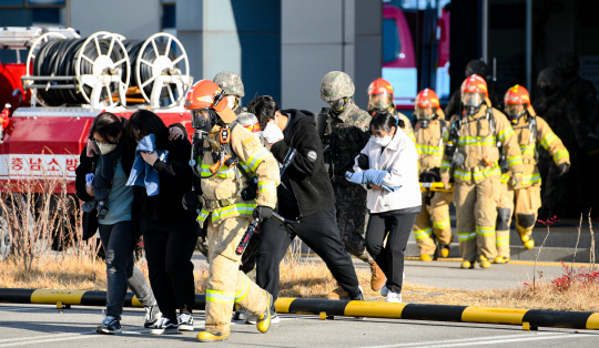 홍성군은 23일 홍북읍 한양로보틱스 사업장에서 '2022 재난대응 안전한국훈련 현장훈련'을 하고, 만약에 사태에 대비한 훈련을 강도 높게 했다. 사진=홍성군 제공