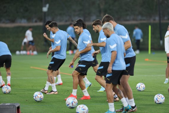 루이스 수아레스를 비롯한 우루과이 축구대표팀 선수들이 2022 카타르 월드컵 조별리그 H조 1차전 한국과의 경기를 하루 앞둔 23일 오후(현지시간) 카타르 도하 알 에르살 트레이닝센터에서 훈련을 하고 있다. 뉴스1