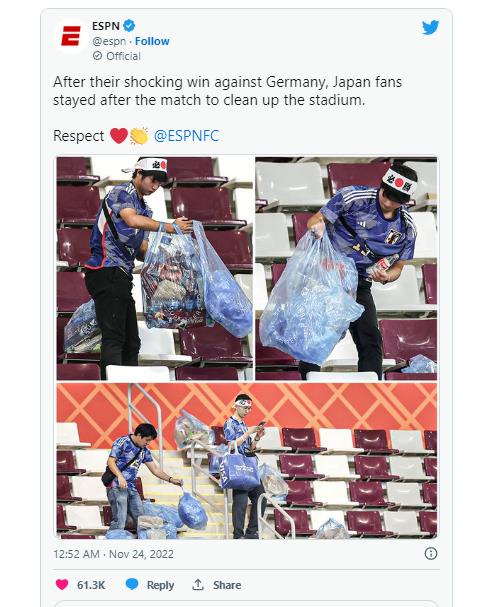 경기 후 청소하는 일본 팬들의 모습을 전한 ESPN. ESPN 트위터 캡처
