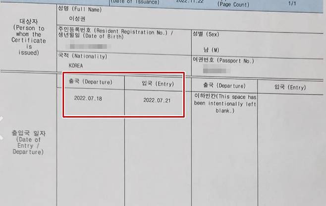 이성권 경제부시장의 7월18~21일 출입국 증명서/이성권 부시장 제공