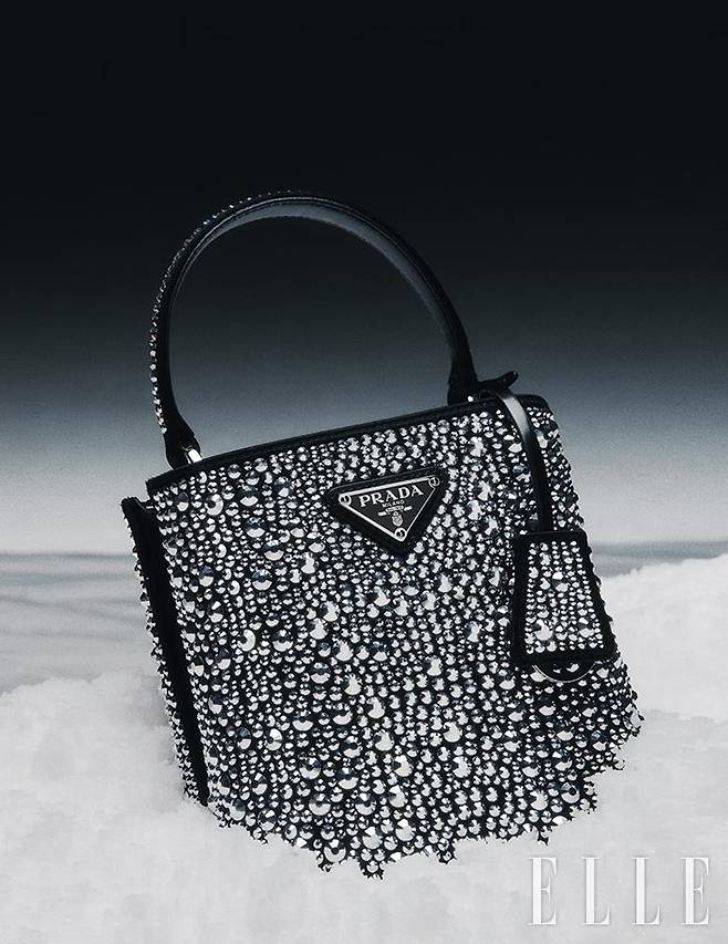 화이트 크리스털로 장식한 파니에 버킷 백은 Prada.