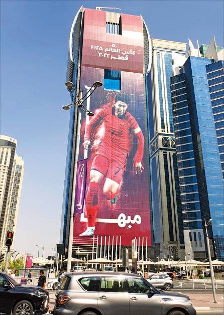 카타르 주정부 사무소 외벽에 도배된 손흥민 선수 모습.