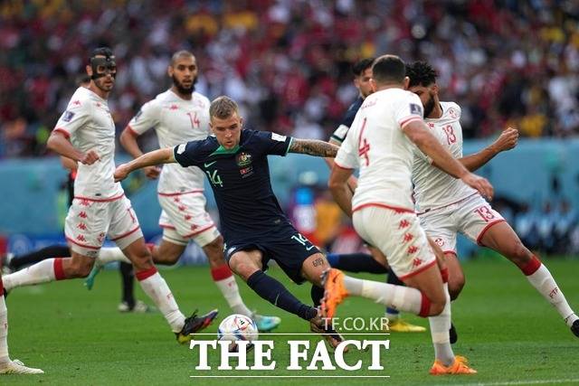 26일 호주 라일리 맥그리(왼쪽 세번째)가 카타르 월드컵 D조 2차전 경기에서 튀니지 선수가 볼을 다투고 있다. /알와크라(카타르)=AP.뉴시스