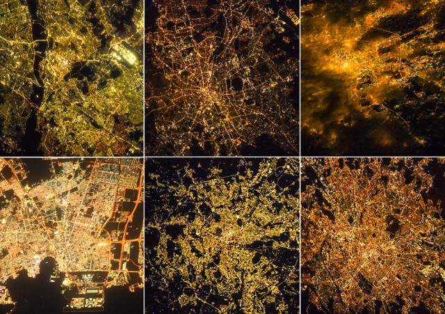 14일 국제우주정거장(ISS)에서 바라본 지구의 야경사진으로 각 국가의 지역마다 불을 밝히고 있다. 인도 델리(위쪽 왼쪽부터 시계방향으로), 독일 베를린, 러시아 모스크바, 프랑스 파리, 이탈리아 로마, 카타르 도하의 모습이다. ISS=TASS 연합뉴스