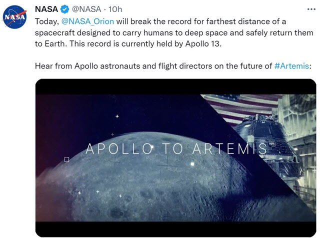 NASA는 트위터를 통해 아폴로 13호 기록 경신의 중요성을 강조했다.(자료=미국항공우주국 트위터 갈무리)