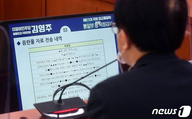 (서울=뉴스1) 성동훈 기자 = 8일 국회에서 열린 외교통일위원회의 통일부 등에 대한 국정감사에서 이승환 민주평화통일자문회의 사무처장이 음란물 자료 전송 내역을 바라보고 있다. 2020.10.8/뉴스1