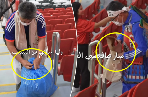 일본 관중들이 지난 21일 에콰도르와 개최국 카타르의 개막전을 관람한 뒤 자리에 남아있던 병과 비닐봉지 등을 치우며 가장 늦게 경기장을 떠났다. 인스타그램 캡처