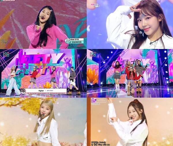 ▲ 데뷔 첫주 KBS2 '뮤직뱅크', MBC '쇼! 음악중심', SBS '인기가요'에 잇달아 출연해 '하이어' 무대를 선사한 피프티 피프티. 각 방송화면 캡처