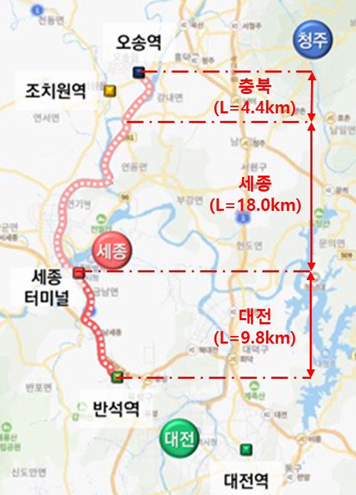 대전시가 국토교통부가 주관하는 자율자동차 시범운행지구에 대전-세종 BRT 구간이 최종 지정됐다. 사진은 국토교통부 지정 자율차 시범지구 구간. 사진=대전시 제공