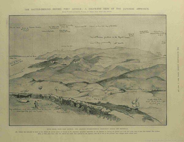 여순항 포위전, 일본군의 접근 방식에 대한 조감도(출처 Illustrated London News, 3 September 1904)
