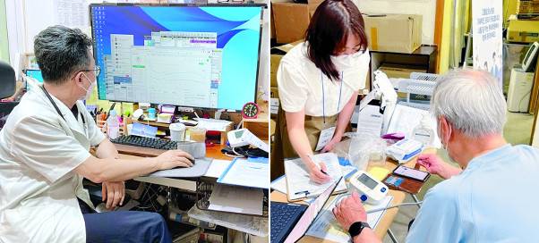 정보통신기술(ICT)을 활용한 일차의료 만성질환관리 시범사업에 참여한 동네의원 의사(왼쪽)가 웹 프로그램 운용과 케어플랜 수립, 환자 관리 등에 대해 설명듣고 있다. 오른쪽은 만성질환자가 혈압계 등 디바이스와 연동되는 스마트폰 앱 작동법을 배우는 장면. 강북삼성병원 미래헬스케어추진단 제공