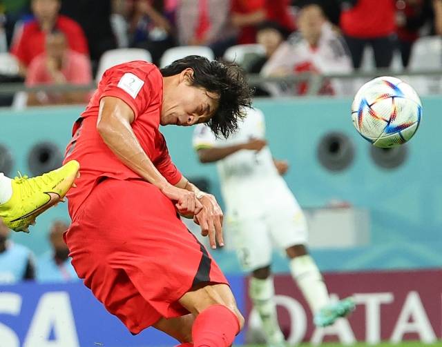 28일 오후(현지시간) 카타르 알라이얀의 에듀케이션 시티 스타디움에서 열린 2022 카타르 월드컵 조별리그 H조 2차전 대한민국과 가나의 경기. 한국 조규성이 추격골을 성공시키고 있다.  연합뉴스