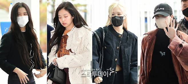 그룹 블랙핑크의 지수(왼쪽부터), 제니, 로제, 리사가 유럽투어를 위해 인천국제공항으로 출국하고 있다.