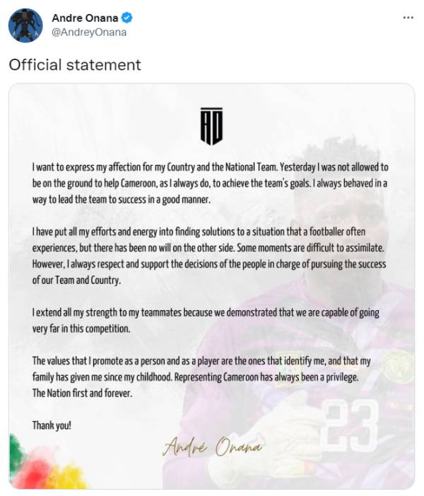 29일(한국시간) 안드레 오나나가 불화로 인해 카메룬 축구대표팀 명단에서 제외된 것에 관한 입장을 전했다. 사진｜안드레 오나나 SNS 캡처