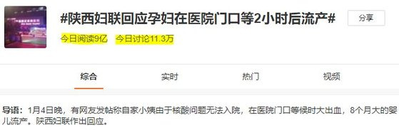 5일 오후 8시 경, 중국 웨이보(微博)에서 시안 임산부 관련 해시태그(#)의 조회수가 이미 9억을 돌파했다. [웨이보 캡처]