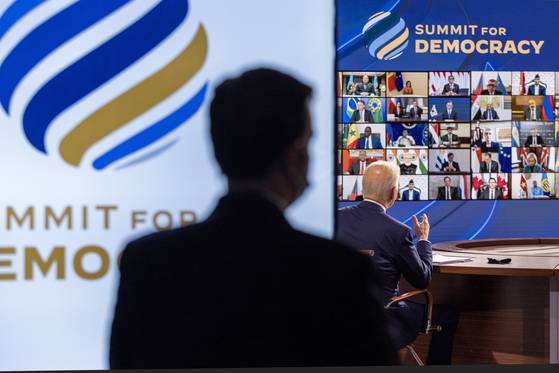 U.S. President Joe Biden delivers remarks at a virtual Summit for Democracy at the White House in Washington, D.C. on Dec. 9, 2021. [EPA/YONHAP]