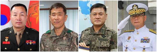 정부는 30일 하반기 장성 진급 인사를 단행했다. 사진 왼쪽부터 김계환 신임 해병대 사령관, 권영호 신임 육군사관학교장, 손식 신임 육군 특수전사령관, 황선우 신임 해군사관학교장. [사진제공=국방부]