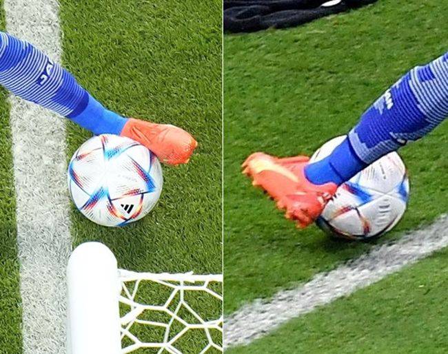 일본의 역전골이 터지기 직전 장면. 왼쪽은 위에서 포착한 순간으로 공 가장자리가 라인에 닿아 있다. 오른쪽 사진은 측면에서 바라본 모습이다. /AP·로이터 연합뉴스