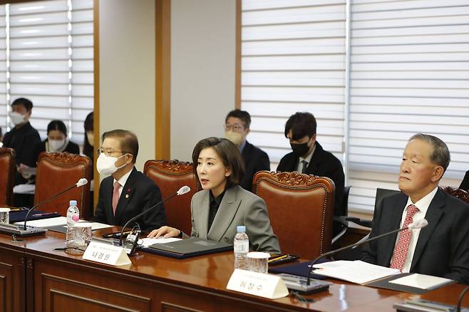 나경원 대통령직속 저출산고령사회위원회 부위원장이 2일 서울 마포구 한국경영자총협회 회의실에서 열린 위원회·경제5단체·고용노동부 간 ’인구위기 대응 협약식‘에서 발언하고 있다. /대통령직속 저출산고령사회위원회 제공