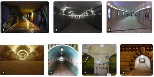 구글에 '보행자 터널'이라고 검색했을 때 나오는 이미지들. 터널은 외부 빛이 차단되다 보니, 어두운 경우가 많다.